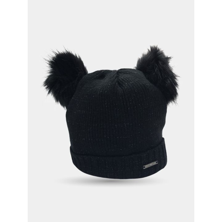 Cappello Liu Jo nero glitter visto di tre quarti con placchetta