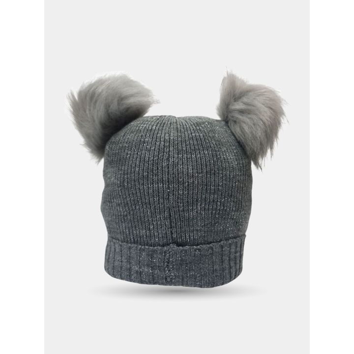 Retro del cappello Liu Jo grigio con due pon pon a pelo lungo