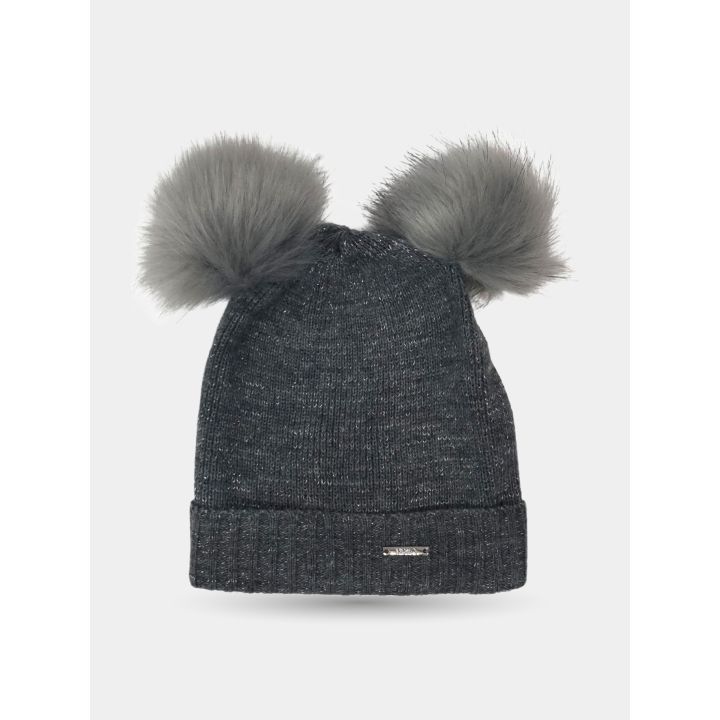 Cappello grigio glitter con doppio pon pon e placchetta, vista frontale bassa