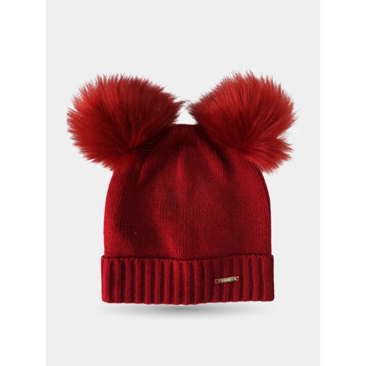 Cappello Liu Jo rosso glitter con doppio pon pon, vista frontale
