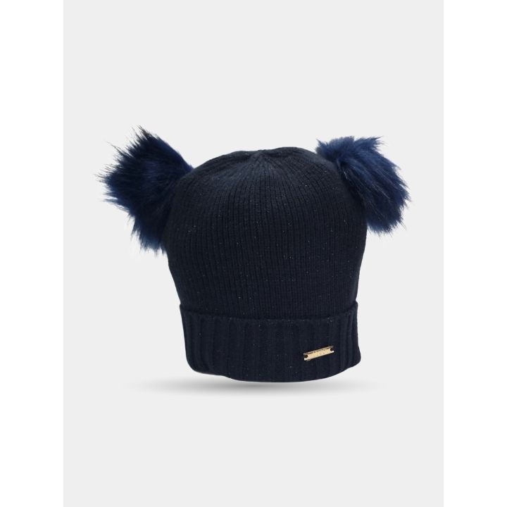 Cappello Liu Jo blu con doppio pon pon, vista di tre quarti