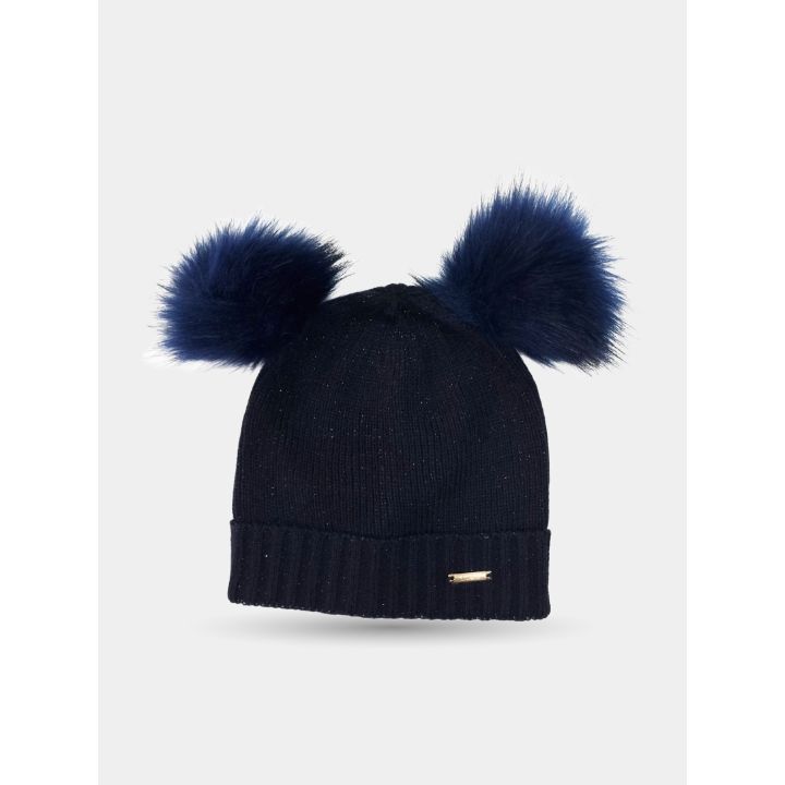 Cappello Liu Jo blu glitter con due pon pon e placchetta, vista frontale