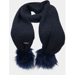 Sciarpa Liu Jo blu glitter con doppio pon pon e targhetta dorata, davanti