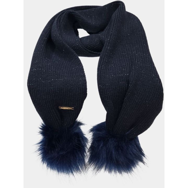 Sciarpa Liu Jo blu glitter con doppio pon pon e targhetta dorata, davanti