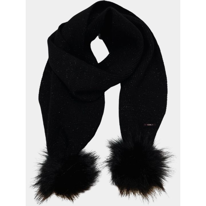 Sciarpa Liu Jo nera glitter con doppio pon pon nero, vista frontale