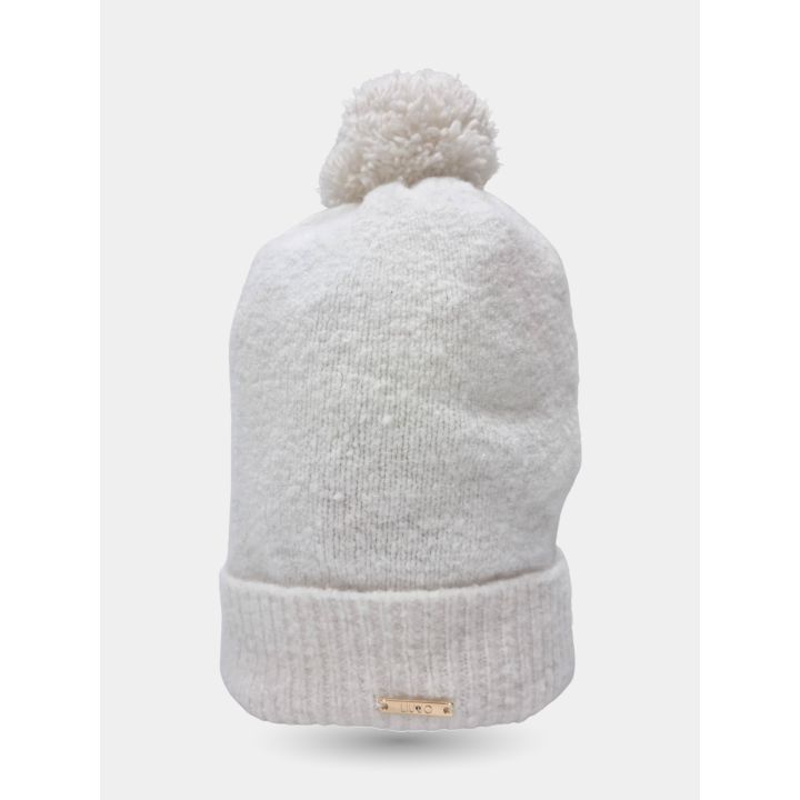 Cappello Liu Jo bianco panna con pon pon e targhetta dorata, vista frontale