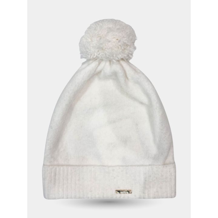 Cappello Liu Jo bianco disteso, con pon pon e targhetta dorata sul risvolto