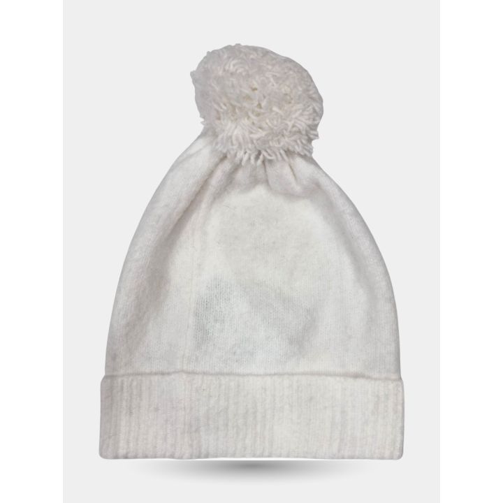 Retro del cappello bianco panna disteso, con pon pon e risvolto a coste
