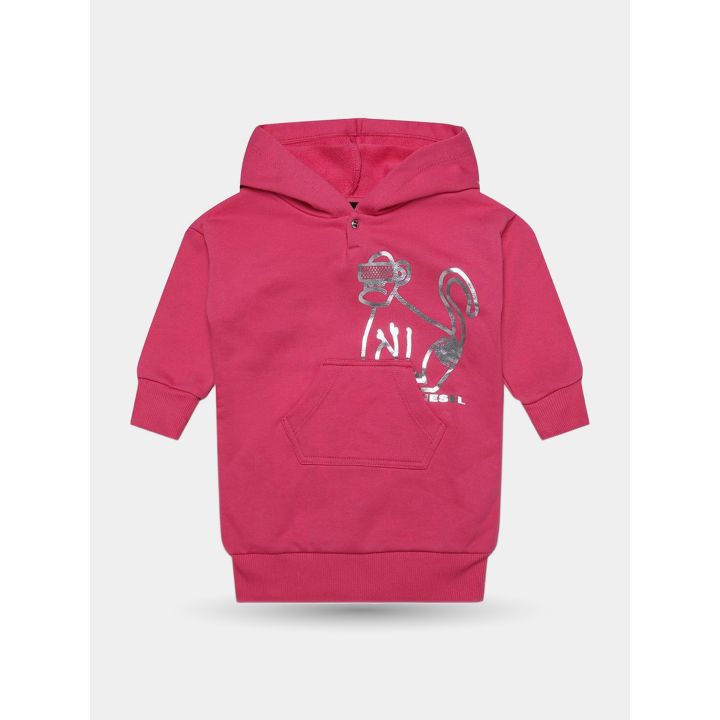 Abito felpa Diesel fucsia da neonata vista frontale con scimmia argento