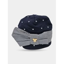 Cappellino Liu Jo blu a cuoricini con fiocco a righe, vista di tre quarti