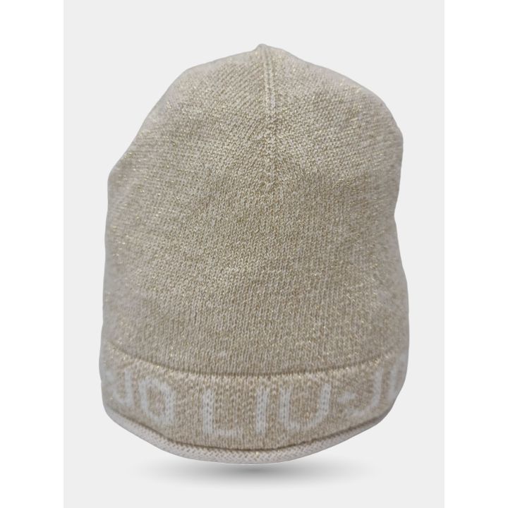 Cappello bianco e oro in maglia con logo Liu Jo, visto di fronte