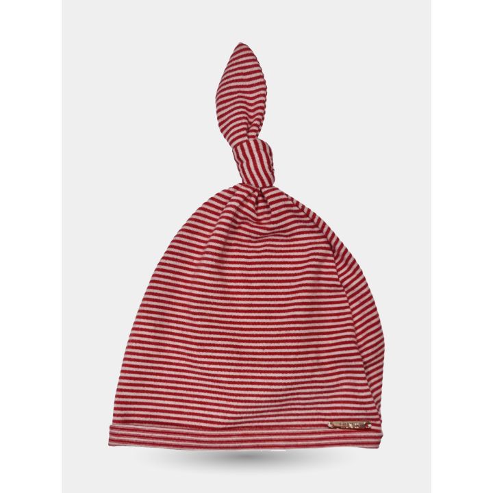 Cappellino a righe rosse e bianche con nodo in cima, vista frontale