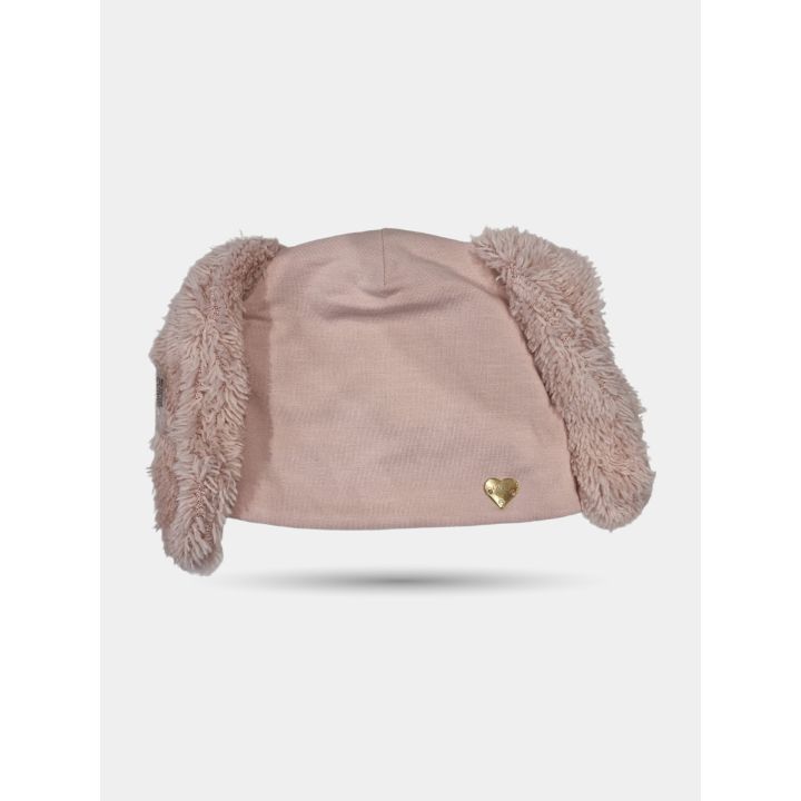 Cappellino rosa con orecchie teddy e cuoricino dorato, vista frontale