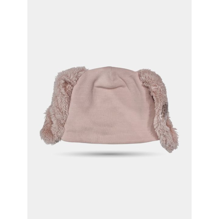 Cappellino rosa con orecchie pelose visto da dietro, di lato