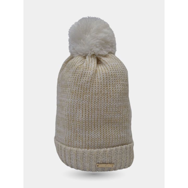 Cappello Liu Jo bianco con pon pon e filo dorato, vista frontale
