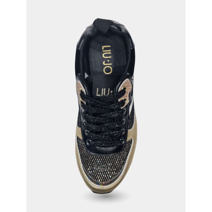 Sneaker Liu Jo oro e nera vista dall'alto, con logo sulla linguetta