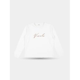 T-shirt Vicolo bianca a maniche lunghe vista frontale con scritta color rame
