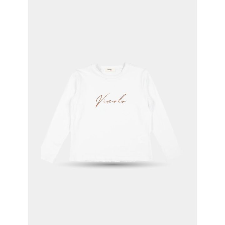 T-shirt Vicolo bianca a maniche lunghe vista frontale con scritta color rame