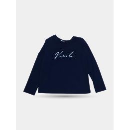 T-shirt Vicolo blu a maniche lunghe vista frontale con scritta bianca in corsivo