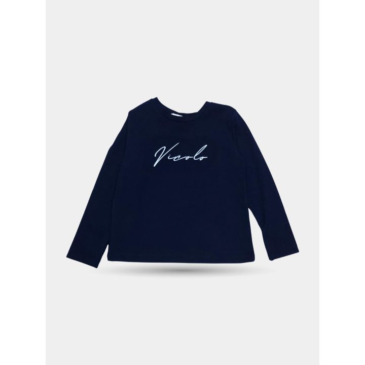 T-shirt Vicolo blu a maniche lunghe vista frontale con scritta bianca in corsivo