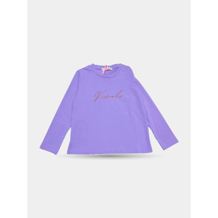 T-shirt Vicolo viola a maniche lunghe vista frontale con firma color rame