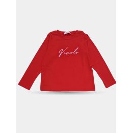 T-shirt Vicolo rossa a maniche lunghe vista frontale con scritta bianca