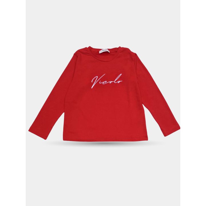 T-shirt Vicolo rossa a maniche lunghe vista frontale con scritta bianca
