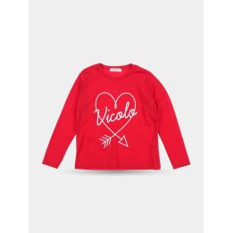 T-shirt Vicolo rossa a maniche lunghe vista frontale con cuore e freccia bianchi