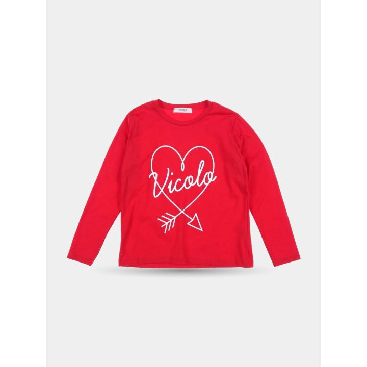 T-shirt Vicolo rossa a maniche lunghe vista frontale con cuore e freccia bianchi