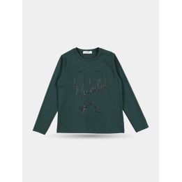 T-shirt Vicolo verde scuro a maniche lunghe vista frontale con cuore e freccia neri