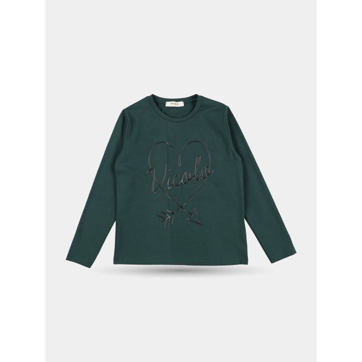 T-shirt Vicolo verde scuro a maniche lunghe vista frontale con cuore e freccia neri