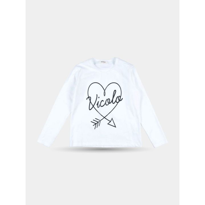 T-shirt Vicolo bianca a maniche lunghe vista frontale con cuore e freccia neri