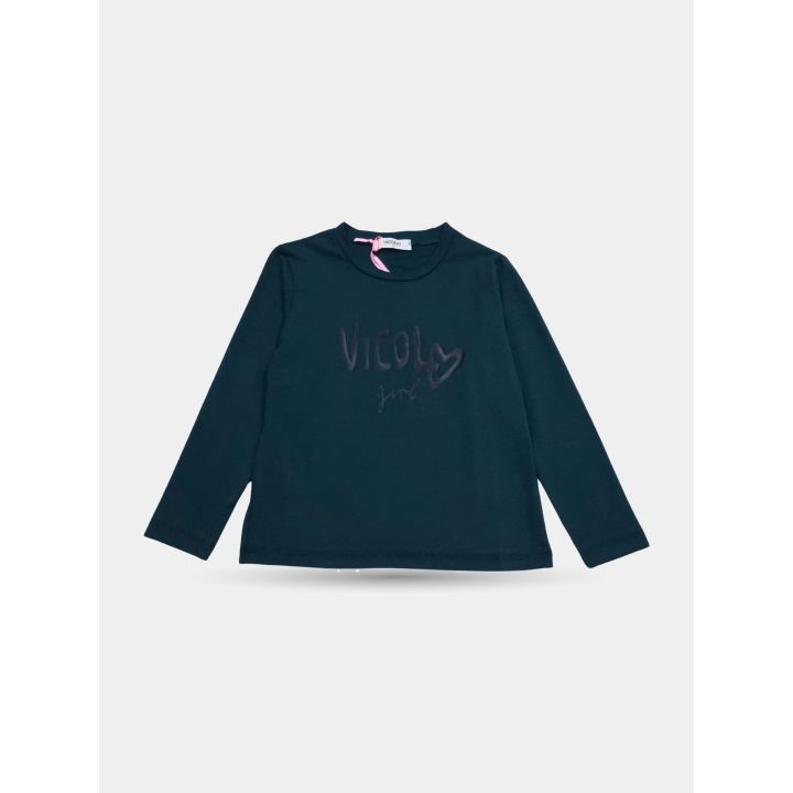 T-shirt Vicolo verde petrolio a maniche lunghe vista frontale con scritta Girl