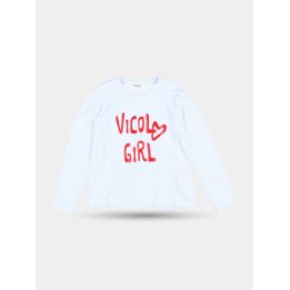 T-shirt Vicolo bianca a maniche lunghe vista frontale con scritta Girl rossa
