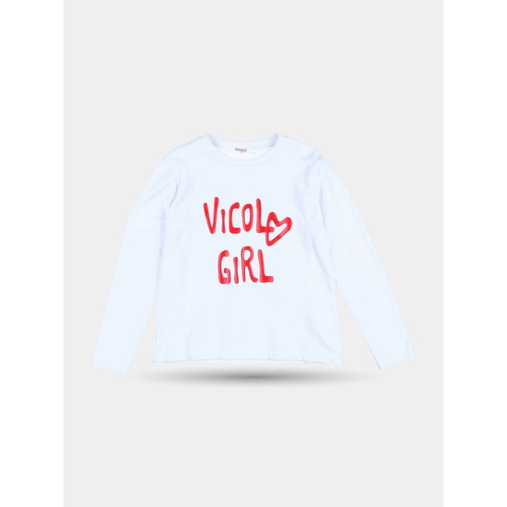 T-shirt Vicolo bianca a maniche lunghe vista frontale con scritta Girl rossa