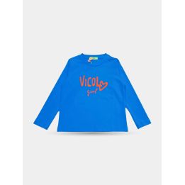 T-shirt Vicolo blu acceso a maniche lunghe vista frontale con scritta corallo