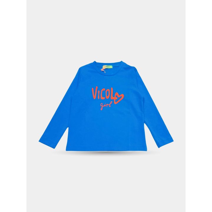 T-shirt Vicolo blu acceso a maniche lunghe vista frontale con scritta corallo