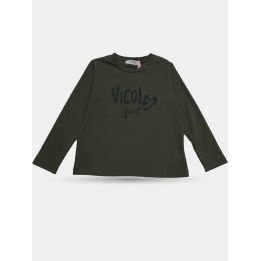 T-shirt Vicolo verde militare a maniche lunghe vista frontale con scritta Girl nera