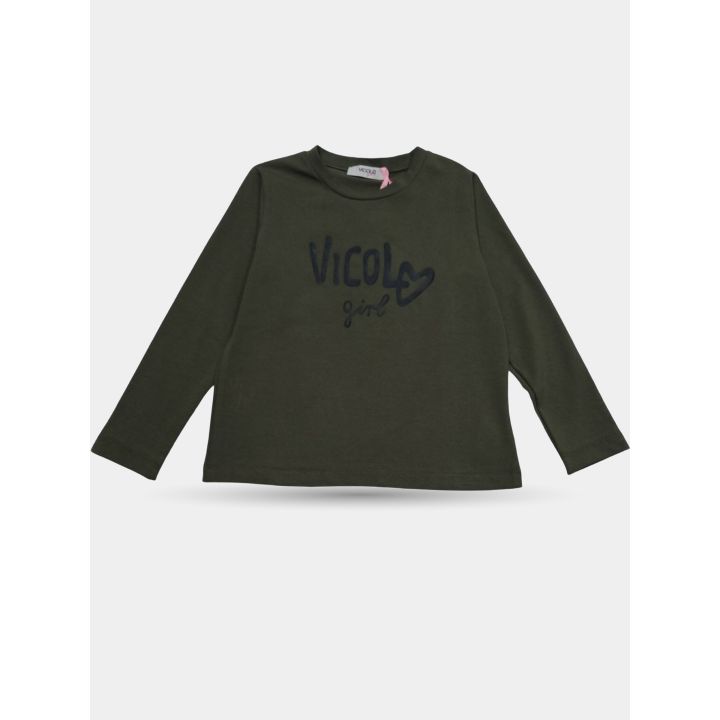 T-shirt Vicolo verde militare a maniche lunghe vista frontale con scritta Girl nera