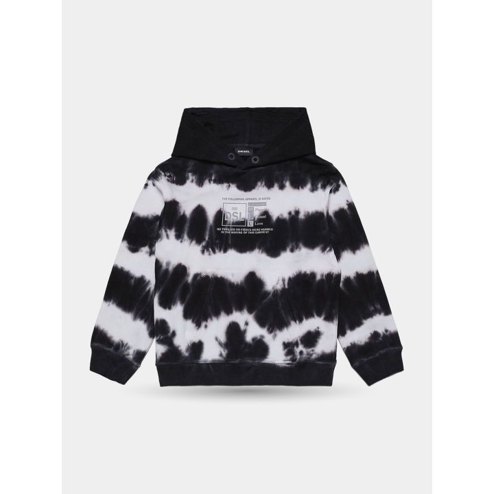 Felpa con cappuccio Diesel tie-dye bianca e nera da ragazzo, davanti