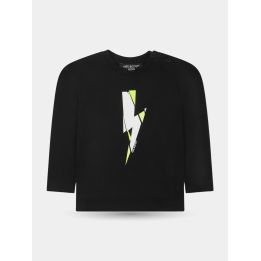 T-shirt manica lunga Neil Barrett nera con fulmine bianco e giallo, davanti