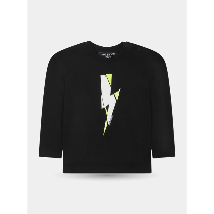 T-shirt manica lunga Neil Barrett nera con fulmine bianco e giallo, davanti
