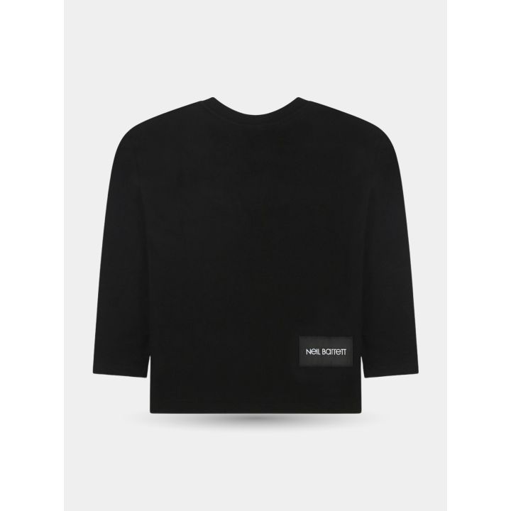 Retro della t-shirt Neil Barrett nera con etichetta logo sul fondo