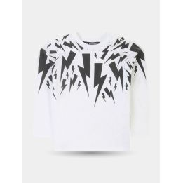 T-shirt manica lunga Neil Barrett bianca con fulmini neri sulle spalle, davanti