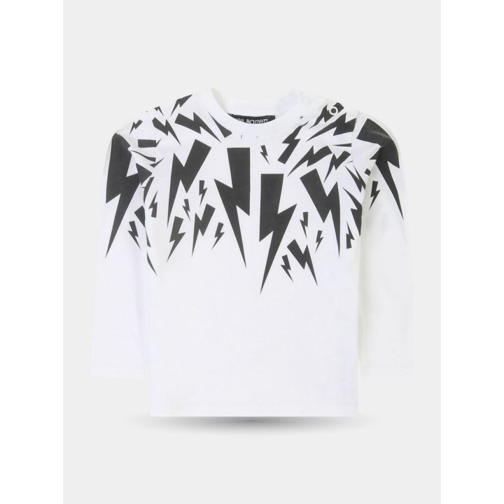 T-shirt manica lunga Neil Barrett bianca con fulmini neri sulle spalle, davanti