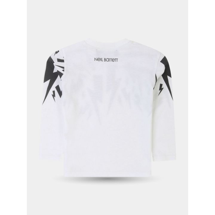 Retro della t-shirt Neil Barrett bianca con fulmini sulle maniche e logo