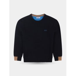 Maglione SUN68 blu navy girocollo vista frontale con polsini cammello