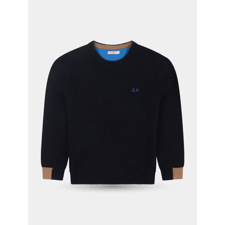 Maglione SUN68 blu navy girocollo vista frontale con polsini cammello