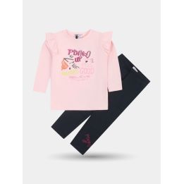 Completo Pinko con t-shirt rosa a volant e leggings blu notte, vista frontale