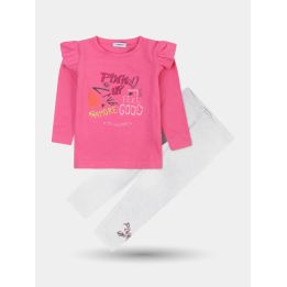 Completo Pinko con maglietta rosa acceso e leggings grigi, vista frontale